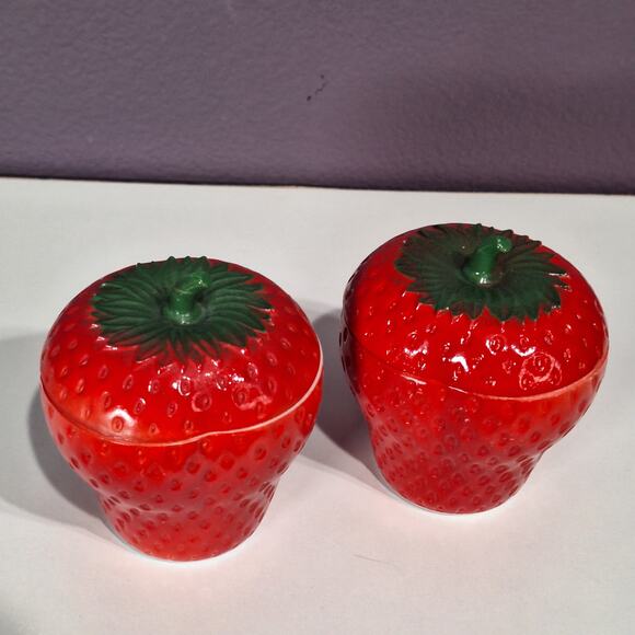Vintage handprints glass strawberry mini canister jar with lid set of 2 - Picture 2 of 7